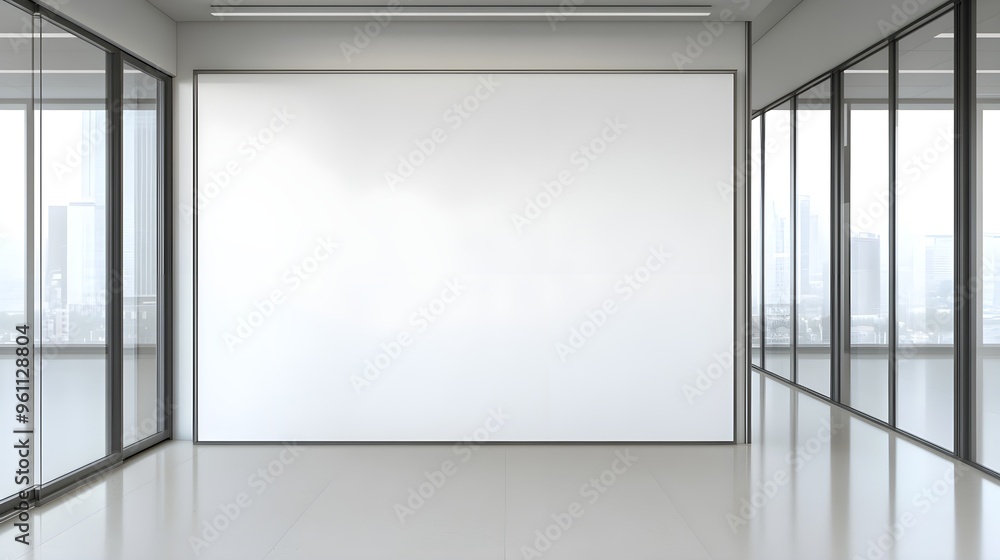 Obraz premium White blank wall in a modern office interior with glass doors and windows, mockup template,banner