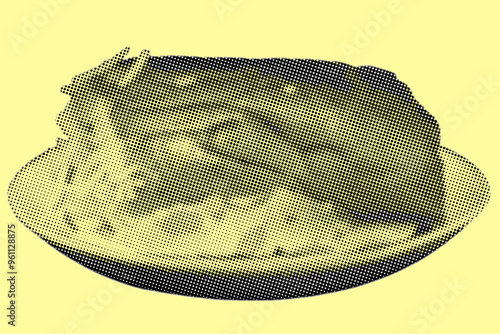 Close up of cheese bread on plate pixelate color halftone dotted texture style collage element