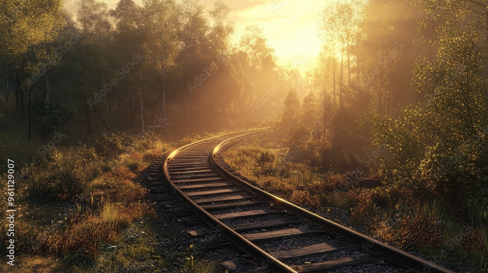 A train track weaves through a forest setting featuring vacant rails bathed in the warm light of sunset or dawn A train track weaves through a forest setting featuring vacant rails bathed in the warm light of sunset or dawn