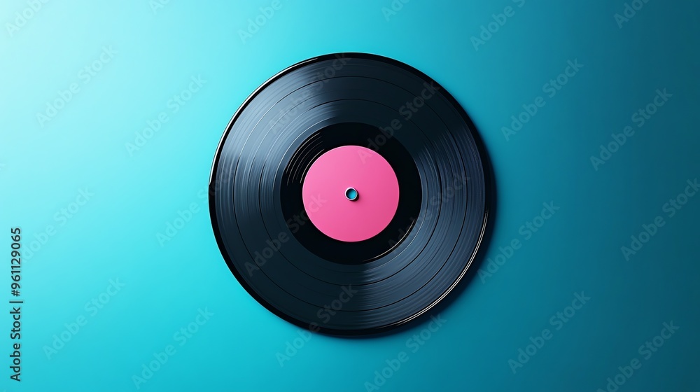 Obraz premium Black vinyl record with pink label on a blue background.