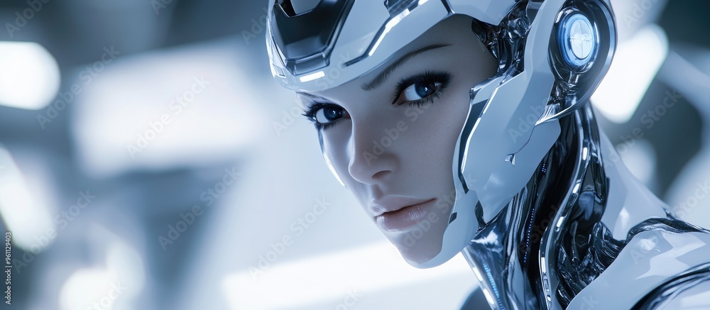 Futuristic Female Cyborg Robot 3D render showcasing a robot representing artificial intelligence and automation in modern production environments Futuristic Female Cyborg Robot 3D render showcasing a robot representing artificial intelligence and automation in modern production environments