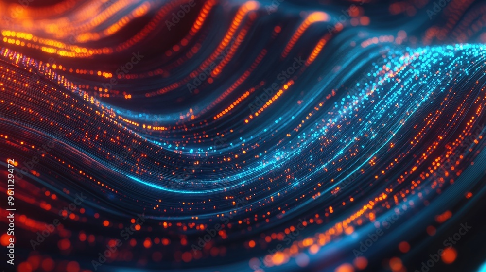 Abstract illustration of flowing information represented by cyan blue red and orange lines and dots Themes include big data technology AI data transfer and generative AI Abstract illustration of flowing information represented by cyan blue red and orange lines and dots Themes include big data technology AI data transfer and generative AI