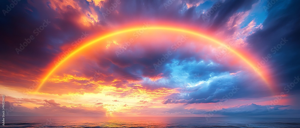 Rainbow arching across a cloudy sky after a rainstorm, colorful weather phenomenon Rainbow arching across a cloudy sky after a rainstorm, colorful weather phenomenon