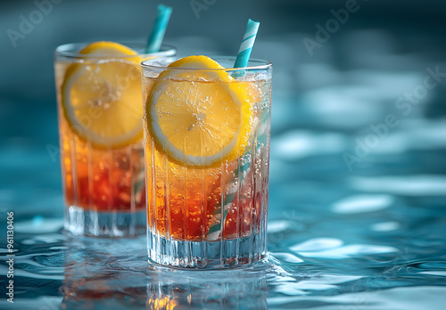 “Photo of Two Colorful Drinks with Straws and Lemon Slices on a Table” 