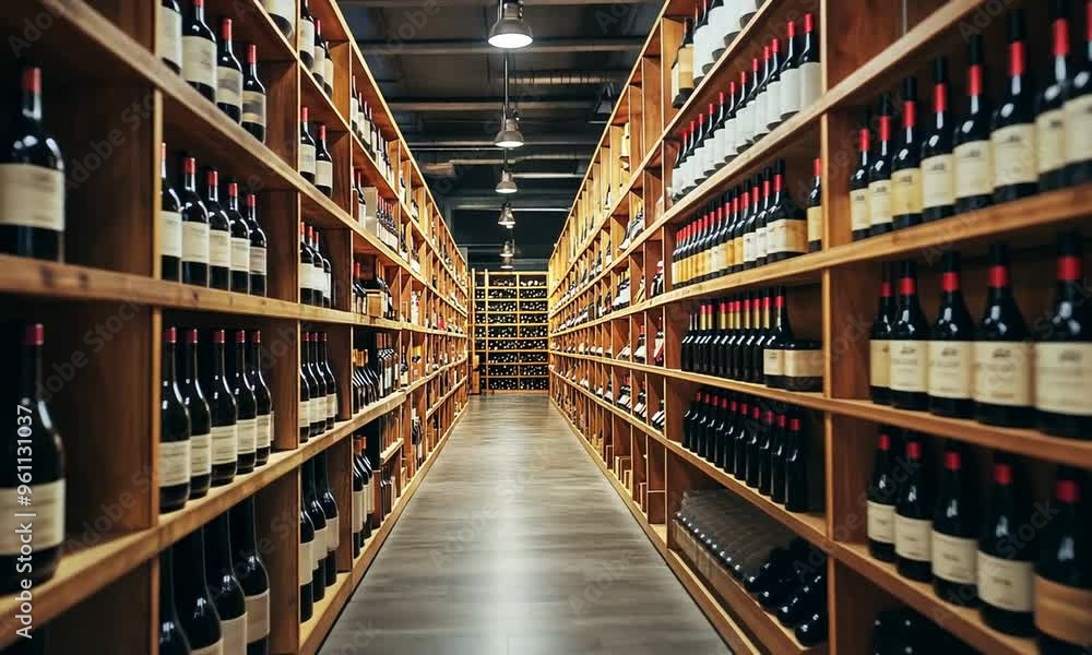 Wine aisle, shelves, bottles Wine aisle, shelves, bottles