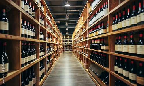 Wine aisle, shelves, bottles