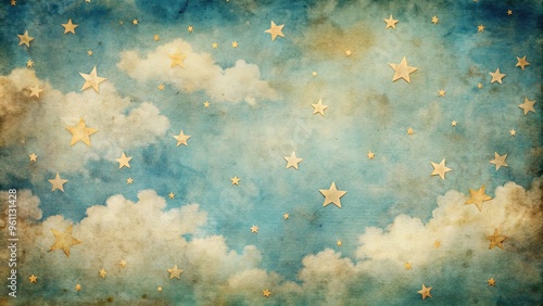 Retro sky pattern on aged paper background with clouds and stars