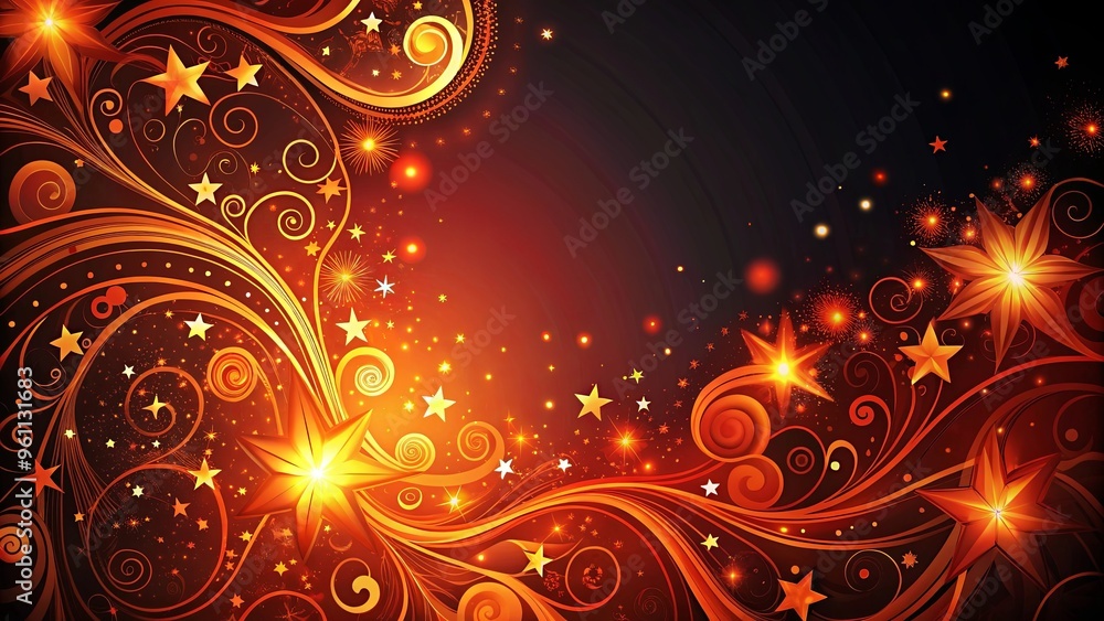 Dark background with swirling orange and red designs and stars Dark background with swirling orange and red designs and stars