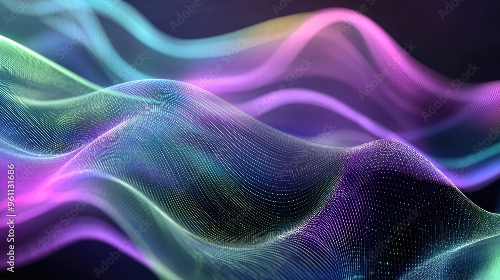 Futuristic technology background featuring smooth wave lines in a gradient of purple blue and green perfect for data visualization and digital concepts Futuristic technology background featuring smooth wave lines in a gradient of purple blue and green perfect for data visualization and digital concepts