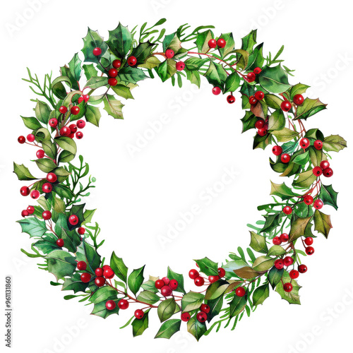 A vibrant holiday wreath decorated with red berries and green foliage, perfect for festive home decor and seasonal celebrations.