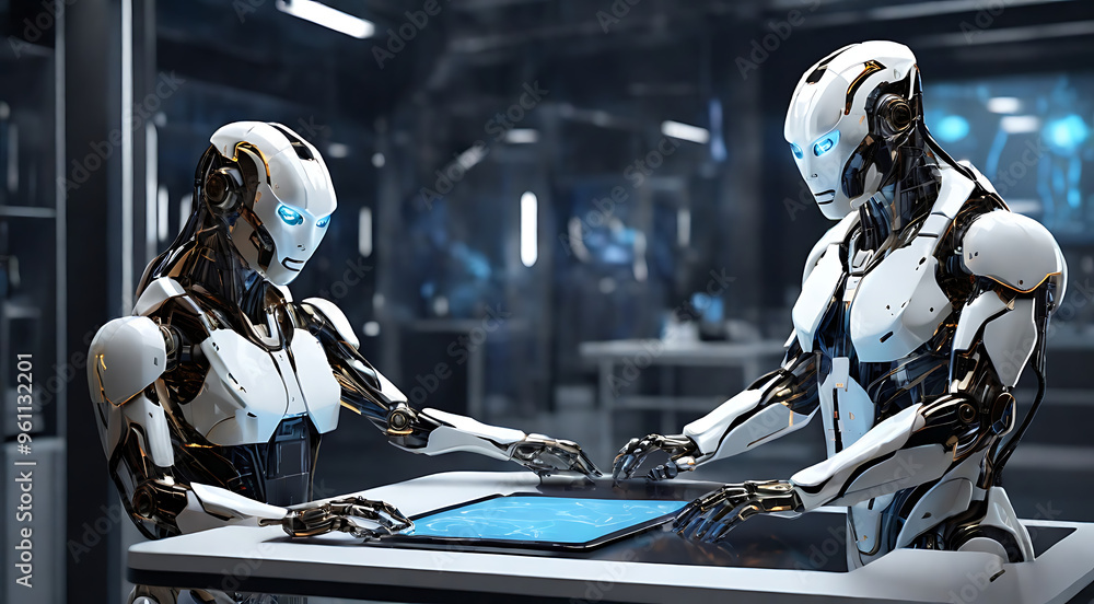 A futuristic robot in a high-tech lab with holographic interfaces and advanced machinery. The 3D render features detailed robotic design, glowing screens, and a clean, modern aesthetic