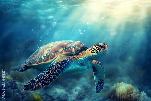 A sea turtle swims gracefully through the turquoise water, its shell shimmering in the sunlight.