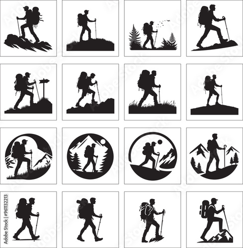 Black and white hiking silhouette design collection