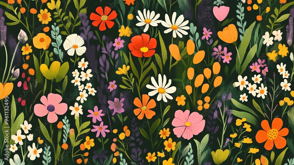 custom made wallpaper toronto digitalVibrant Floral Pattern with Multicolored Blossoms and Lush Greenery