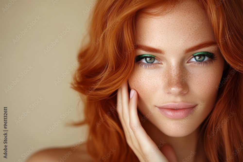 Young woman with green eye patches on her face, isolated against a beige background. Close-up portrait of a ginger-haired girl wearing a T-shirt and looking away while smiling, applying a cosmetic gel Young woman with green eye patches on her face, isolated against a beige background. Close-up portrait of a ginger-haired girl wearing a T-shirt and looking away while smiling, applying a cosmetic gel