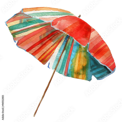 Vibrant watercolor illustration of an beach umbrella with colorful stripes, perfect for summer or vacation themes.