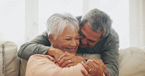 Bilde på lerret Hug, relax and senior couple with love, home and care with happiness, funny and bonding together