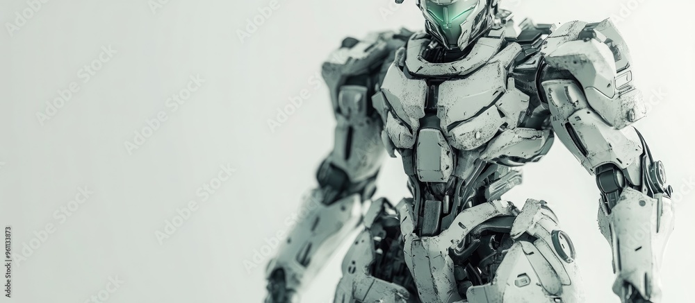 Futuristic mech soldier in a white setting Military robot featuring green and gray metal piloted and showcasing scratched armor Mech combat scene in 3D rendering Futuristic mech soldier in a white setting Military robot featuring green and gray metal piloted and showcasing scratched armor Mech combat scene in 3D rendering