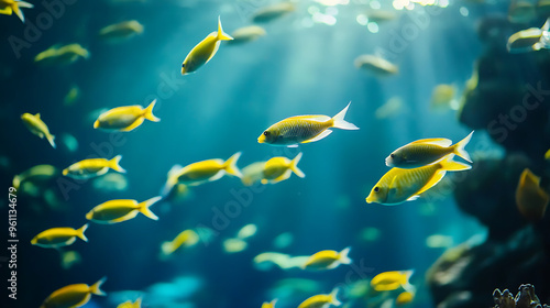 A decorative river pond featuring vibrant orange koi fish swimming beneath the clear water. This aquarium scene highlights the beauty of Asian Japanese wildlife, showcasing a colorful, natural landsca photo