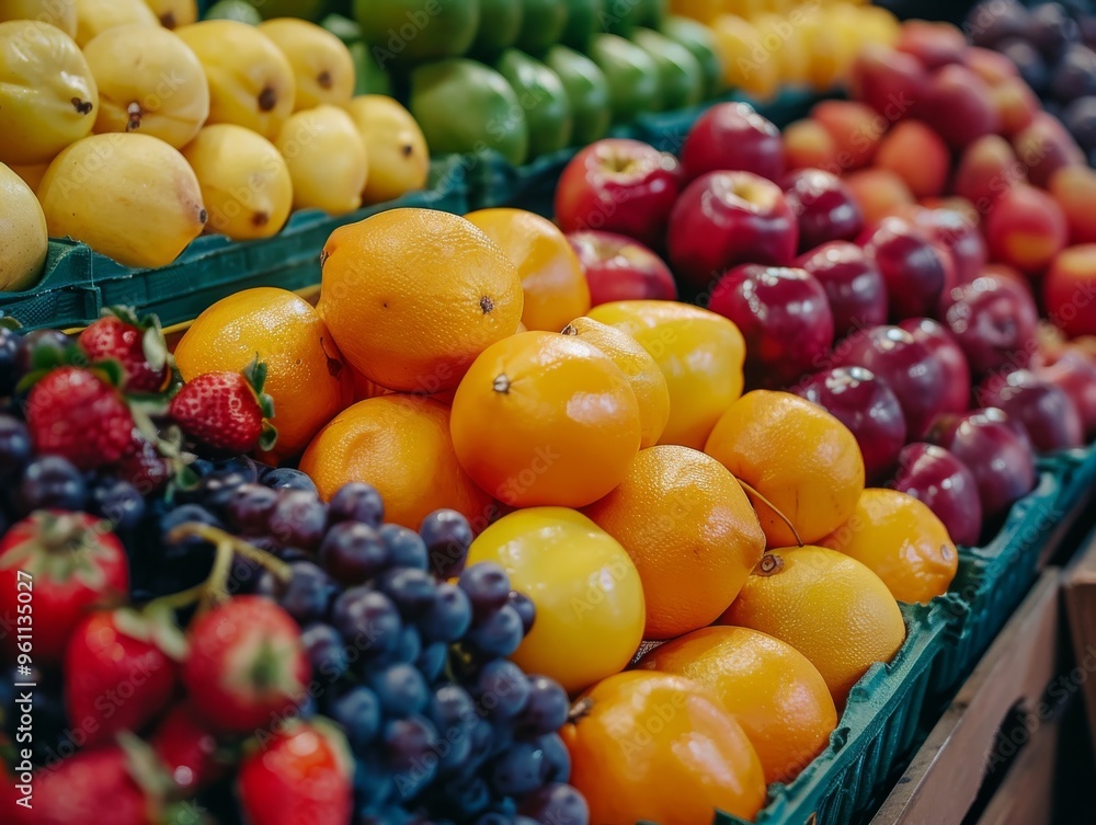 Close-up of a Variety of Fresh Fruits in a Market Stall Close-up of a Variety of Fresh Fruits in a Market Stall