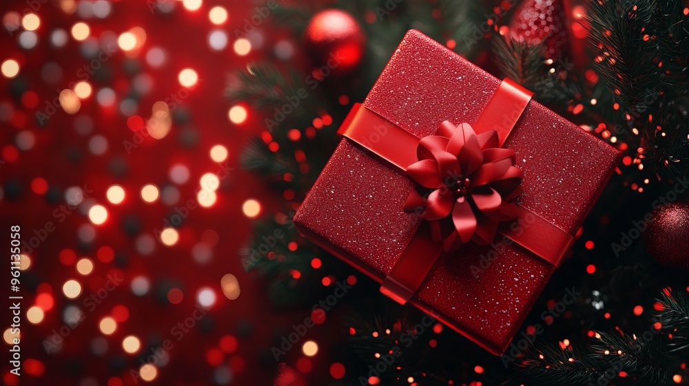 A beautifully wrapped red gift box with a bow, surrounded by festive decorations. A beautifully wrapped red gift box with a bow, surrounded by festive decorations.