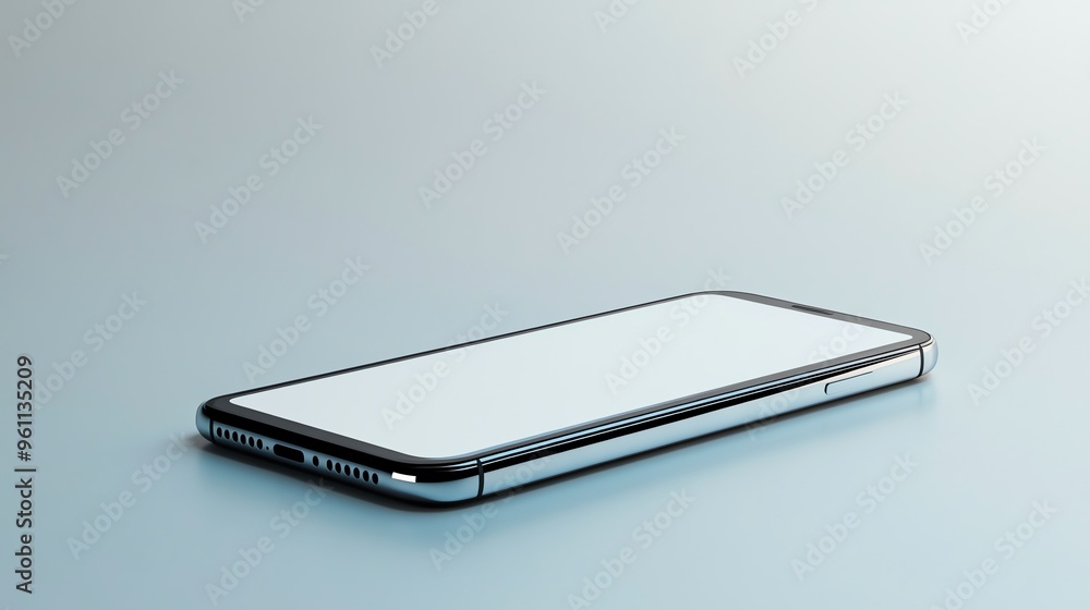 A silver smartphone lies on a blue surface with a blank screen. A silver smartphone lies on a blue surface with a blank screen.