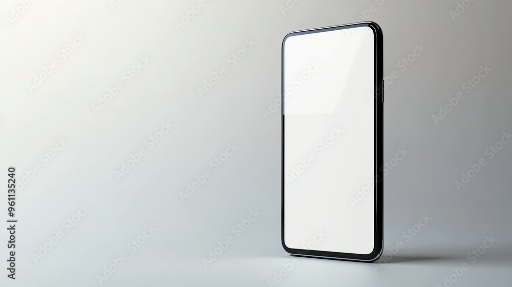A black smartphone with a blank white screen is lying on a gray surface. A black smartphone with a blank white screen is lying on a gray surface.