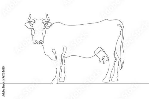 Continuous one line drawing dairy cow. Cattle. Dairy industry. Milk. Side view of a cow.One continuous line isolated minimal illustration.