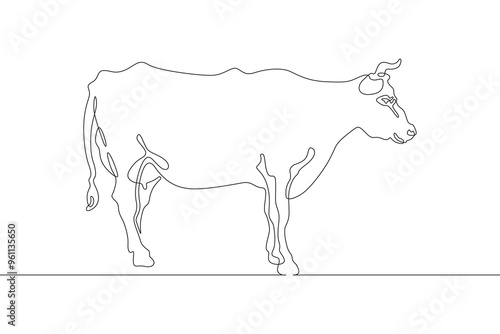 Continuous one line drawing dairy cow. Cattle. Dairy industry. Milk. Side view of a cow.One continuous line isolated minimal illustration.