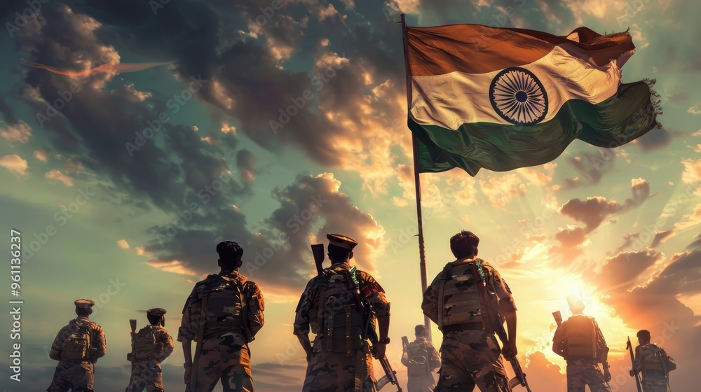 A cinematic shot of soldiers with the flag and weapons, showcasing strength and unity in front of the Indian flag flying high above them. A cinematic shot of soldiers with the flag and weapons, showcasing strength and unity in front of the Indian flag flying high above them.