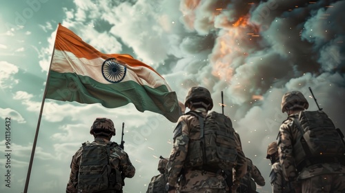 A cinematic shot of soldiers with the flag and weapons, showcasing strength and unity in front of the Indian flag flying high above them.