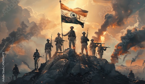 A group of soldiers in uniform stand on top of a mountain holding an Indian flag sunset behind them on the sky.