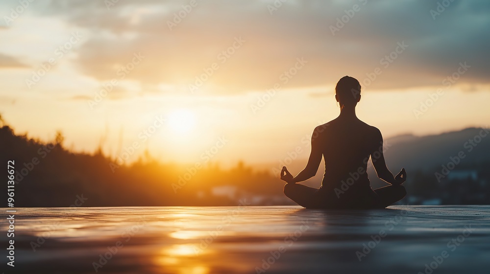 Silhouetted yoga pose at sunset on reflective surface Silhouetted yoga pose at sunset on reflective surface