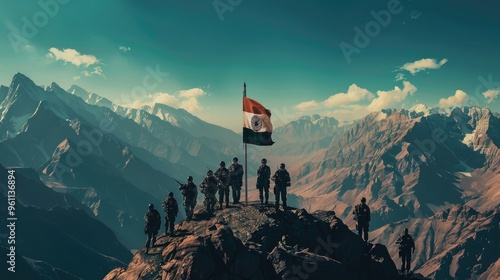 A group of soldiers in uniform stand on top of a mountain holding an Indian flag sunset behind them on the sky.
