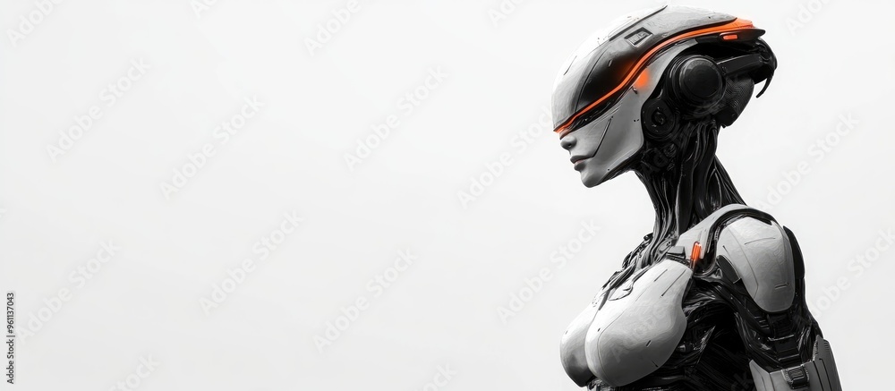 Female alien soldier stands vigilant against a white backdrop depicted in 3D illustration Female alien soldier stands vigilant against a white backdrop depicted in 3D illustration