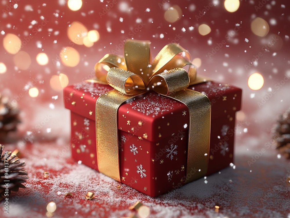 A festive red gift box adorned with a golden ribbon, surrounded by snow and holiday decor. A festive red gift box adorned with a golden ribbon, surrounded by snow and holiday decor.