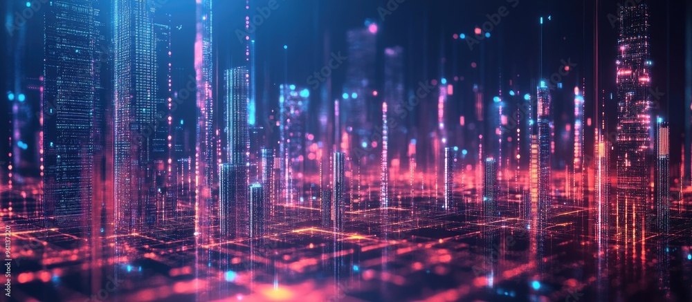 Naklejka premium Futuristic cityscape with AI integration Dynamic high speed data transfer visualization in a technology inspired 3D abstract render