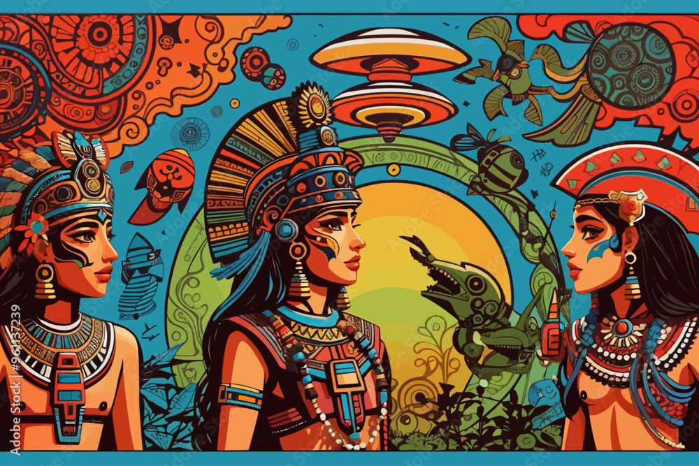 Aztecs interaction whith aliens illustration Aztecs interaction whith aliens illustration
