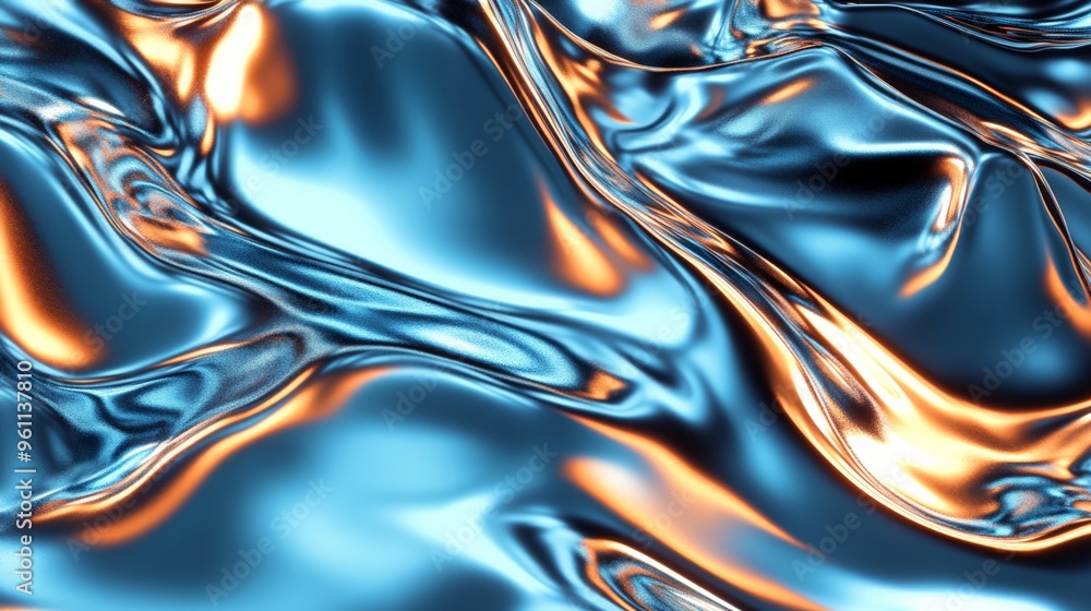 Abstract metallic liquid texture with reflective blue and orange hues creating a vibrant and fluid surface pattern. Abstract metallic liquid texture with reflective blue and orange hues creating a vibrant and fluid surface pattern.