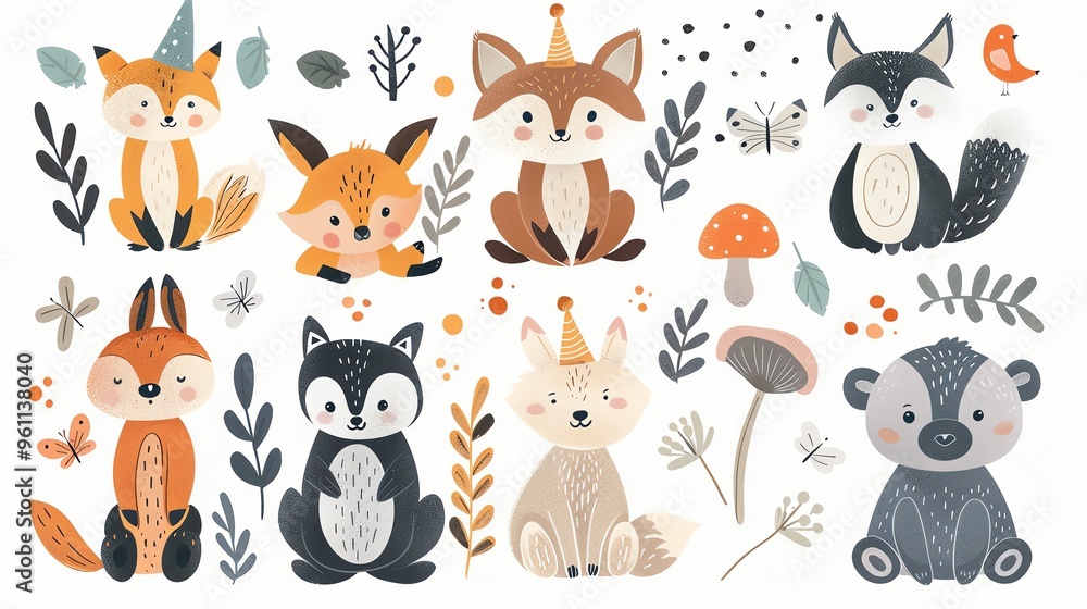 Cute woodland animals celebrating a birthday with flags and party hats. Cute woodland animals celebrating a birthday with flags and party hats.