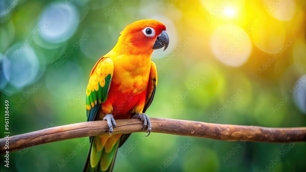 Vibrant and colorful Sun Conure parrot bird perched on a branch, tropical, feathers, exotic, wildlife, pet, colorful, vibrant Vibrant and colorful Sun Conure parrot bird perched on a branch, tropical, feathers, exotic, wildlife, pet, colorful, vibrant