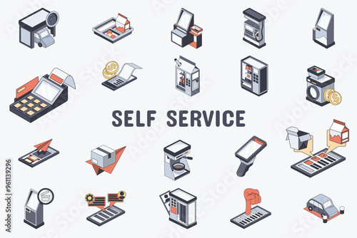 Self Service Lineal Color Vector Illustration Icon Sticker Set Design Materials