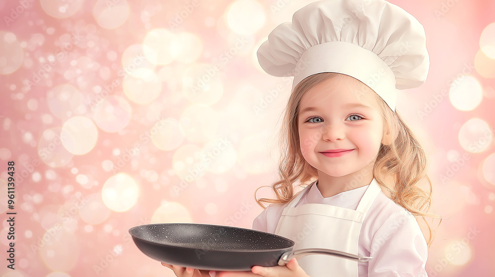 Portrait of a Happy cute little chef smiling girl in uniform holding a plate, pan in the studio with pastel pink bokeh background Portrait of a Happy cute little chef smiling girl in uniform holding a plate, pan in the studio with pastel pink bokeh background