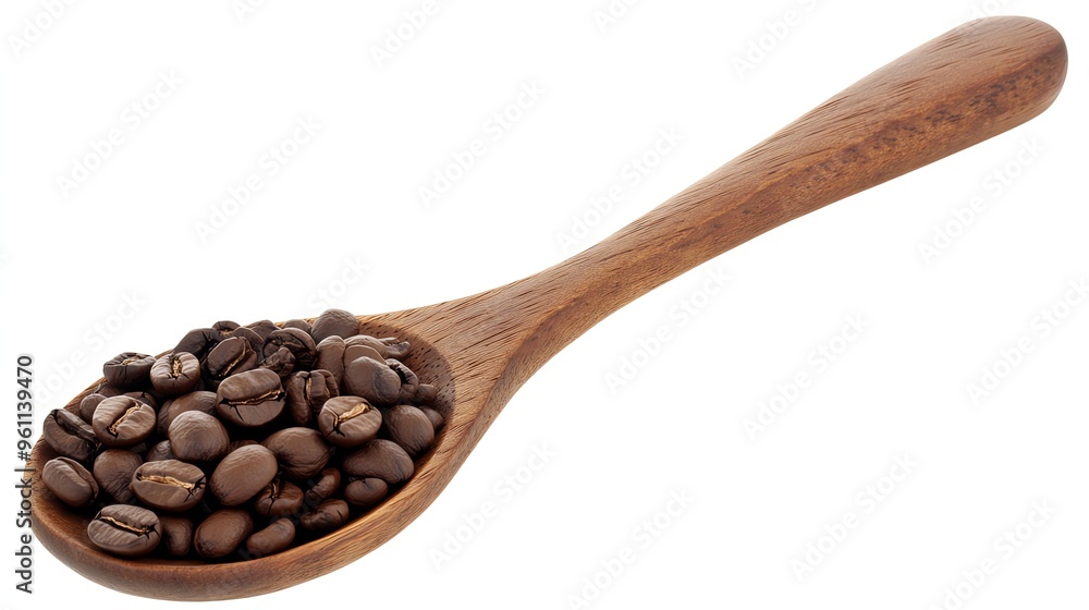 Fototapeta premium Close up of a wooden spoon filled with roasted coffee beans.