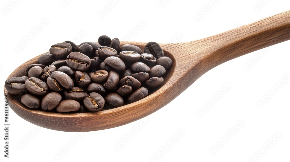 Fototapeta premium Close-up of coffee beans in a wooden spoon.
