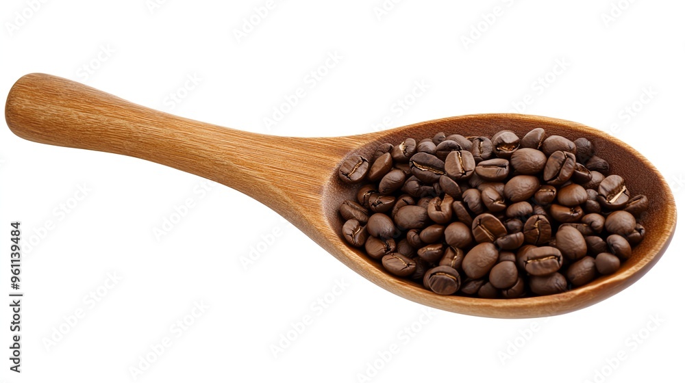 Fototapeta premium A wooden spoon filled with roasted coffee beans isolated on a white background.