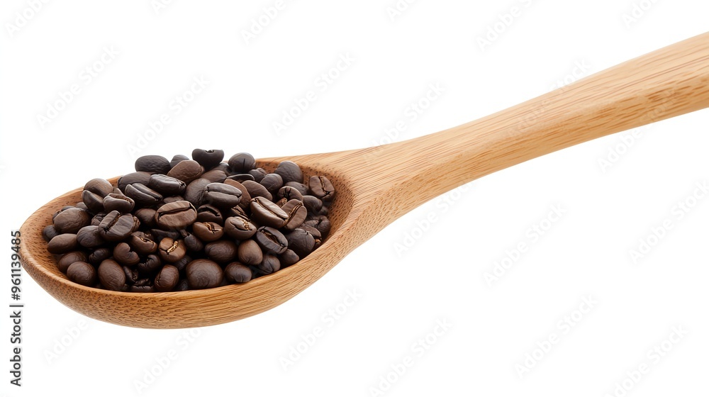 Obraz premium Close-up of roasted coffee beans in a wooden spoon.