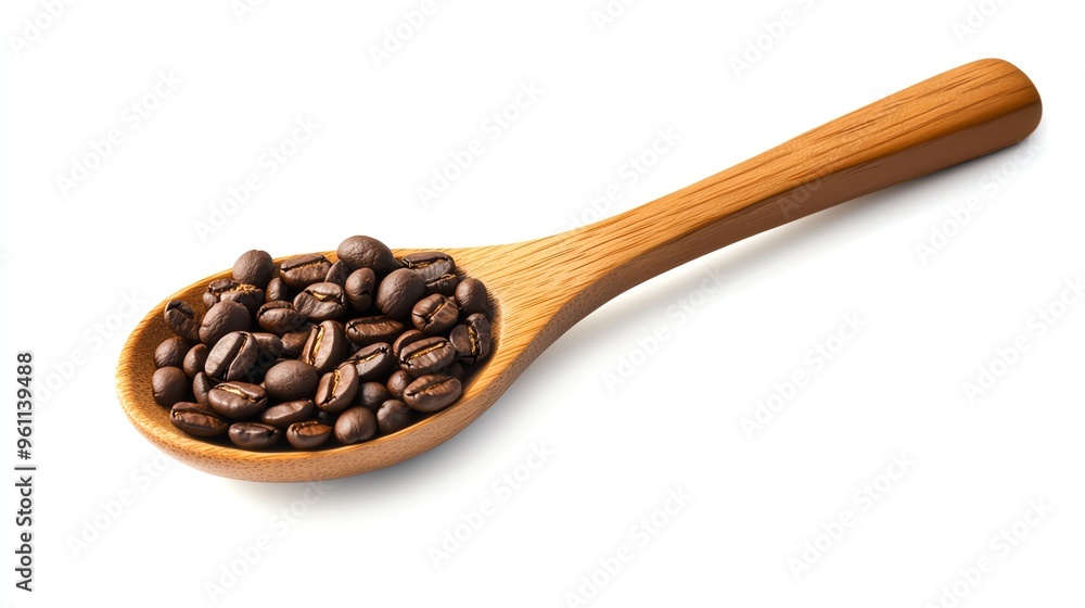 Obraz premium Close-up of roasted coffee beans in a wooden spoon.