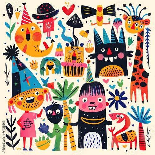 Cute and colorful illustration of a party with monsters and animals.