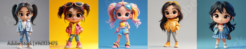 Set of chibi smiling cute fashion Girls Cartoon, generated ai